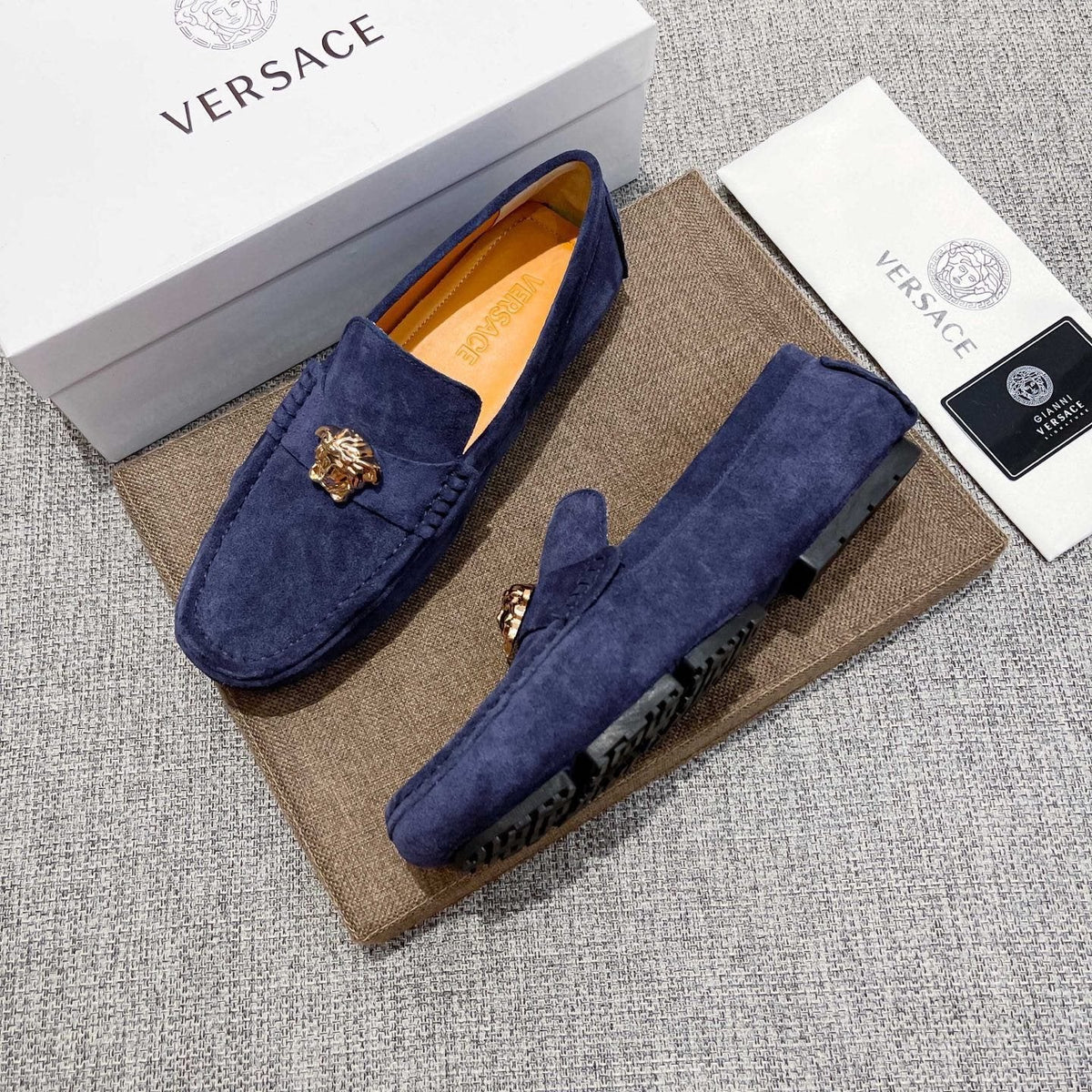 Versace Navy Blue Ornament Loafers — side