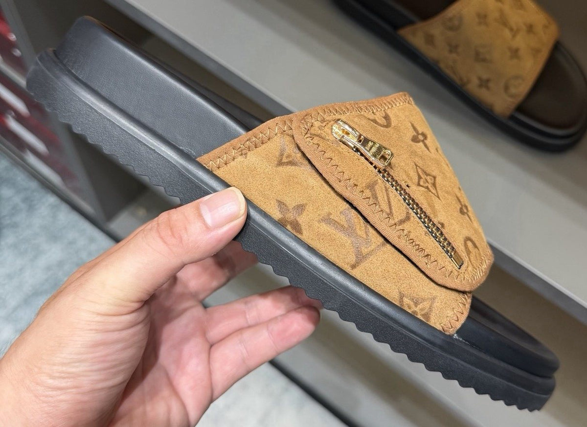 Louis Vuitton Tan Monogram Slide Sandals — front