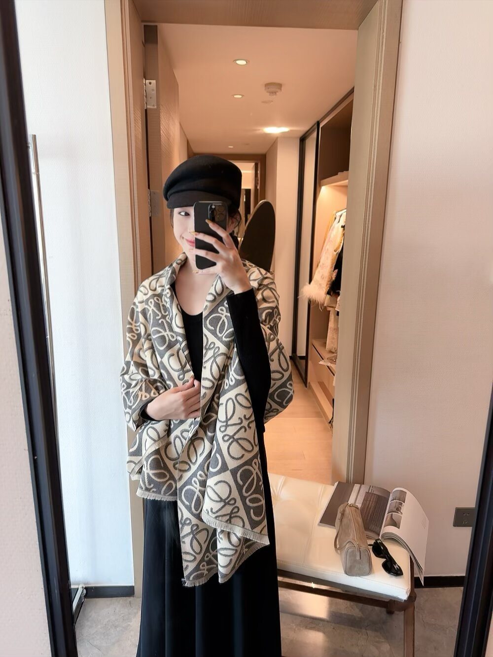 Loewe Taupe Graphic Motif Scarf — model