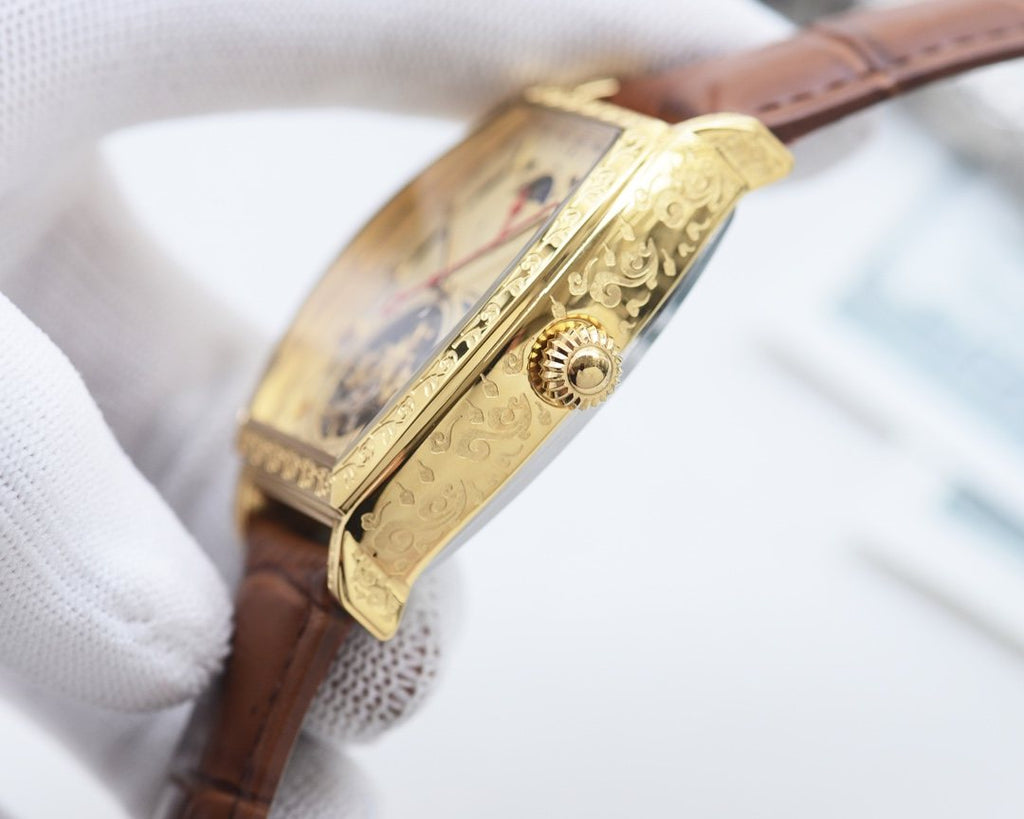 Longines Gold Brown Strap Watch — side