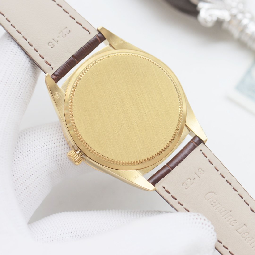 Rolex Gold Brown White Dial Leather Strap Watch — back