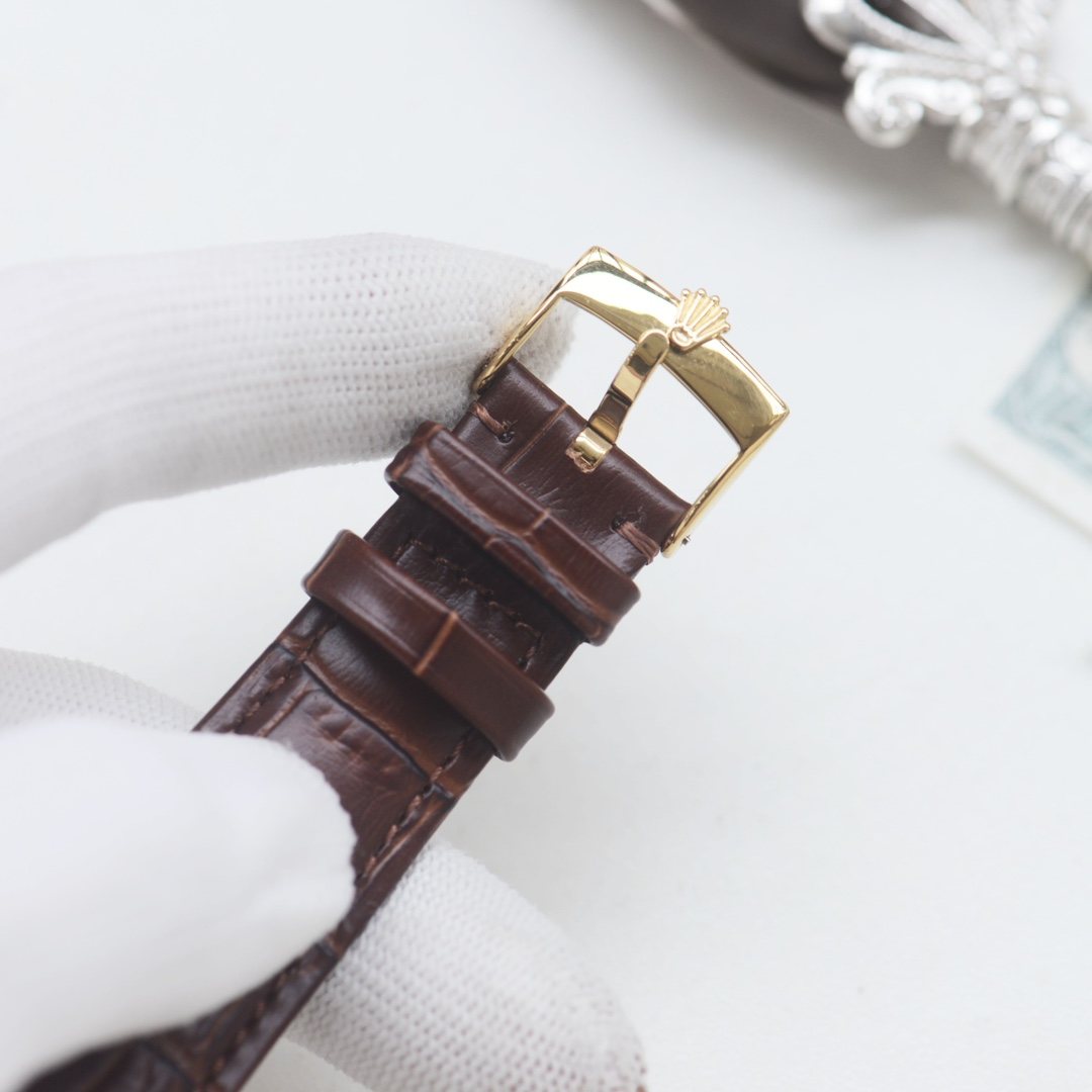Rolex Gold Brown White Dial Leather Strap Watch — detail