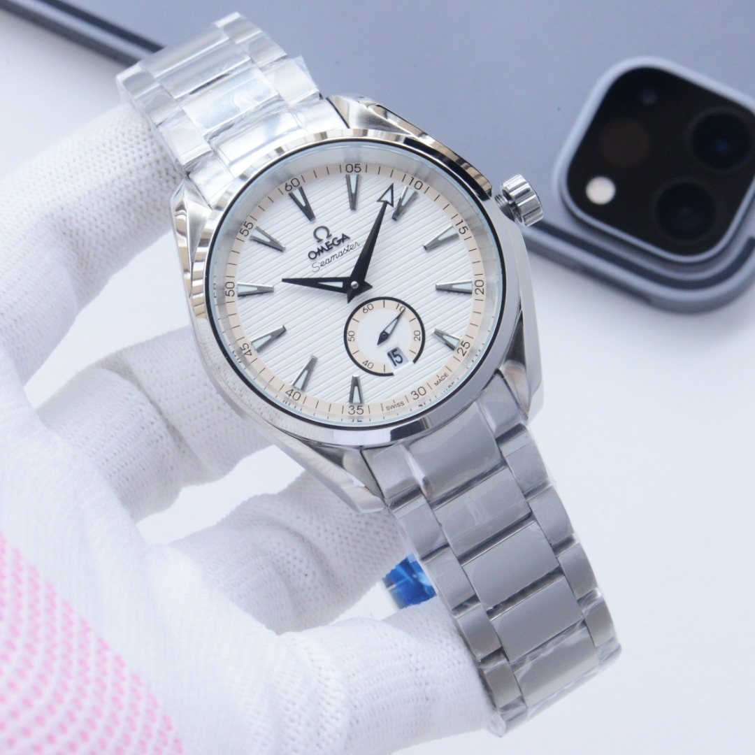Omega Silver Red White Dial Bracelet Watch — hero