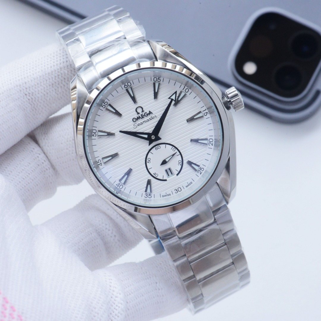 Omega Silver Red White Dial Bracelet Watch — front