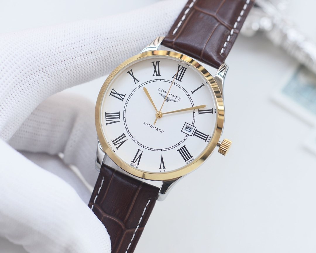 Longines Silver Gold White Dial Leather Strap Watch — hero