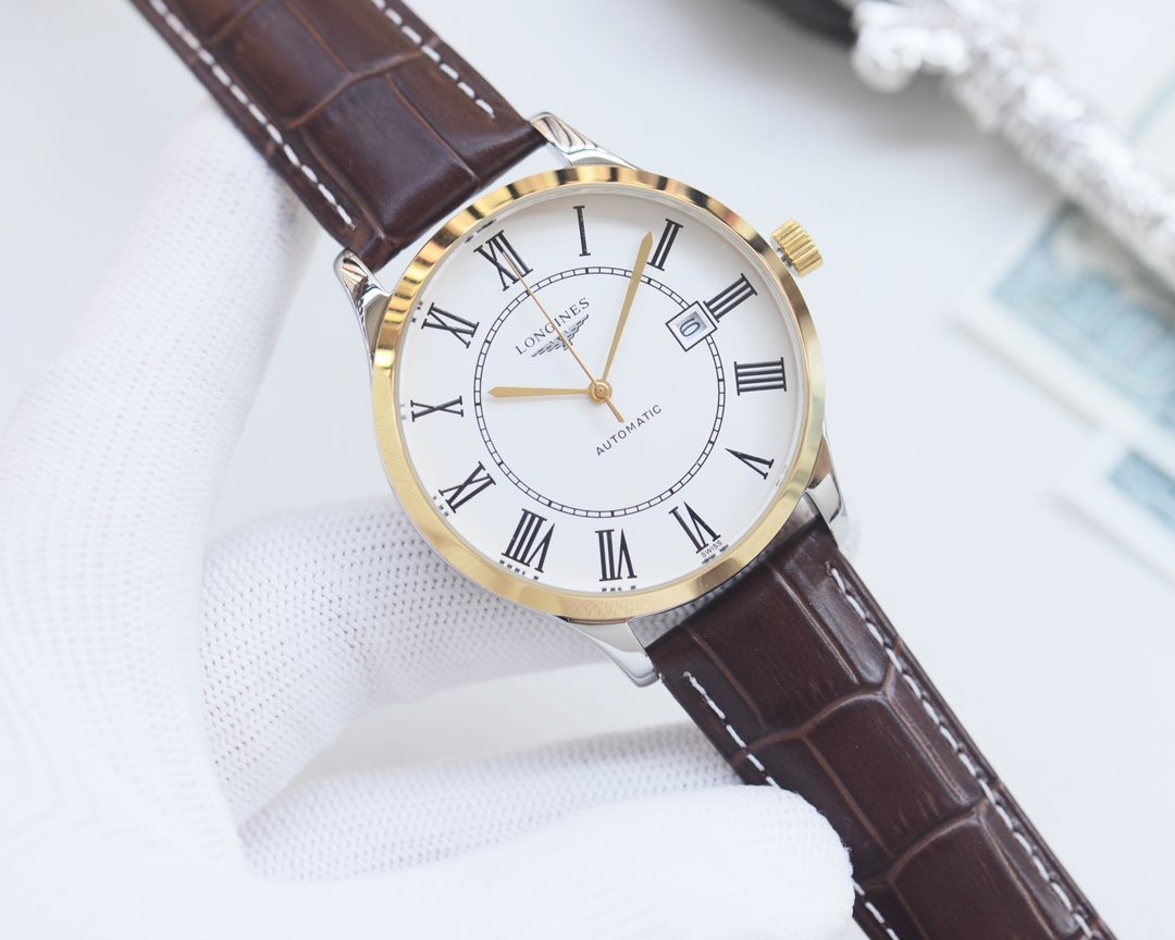 Longines Silver Gold White Dial Leather Strap Watch — front