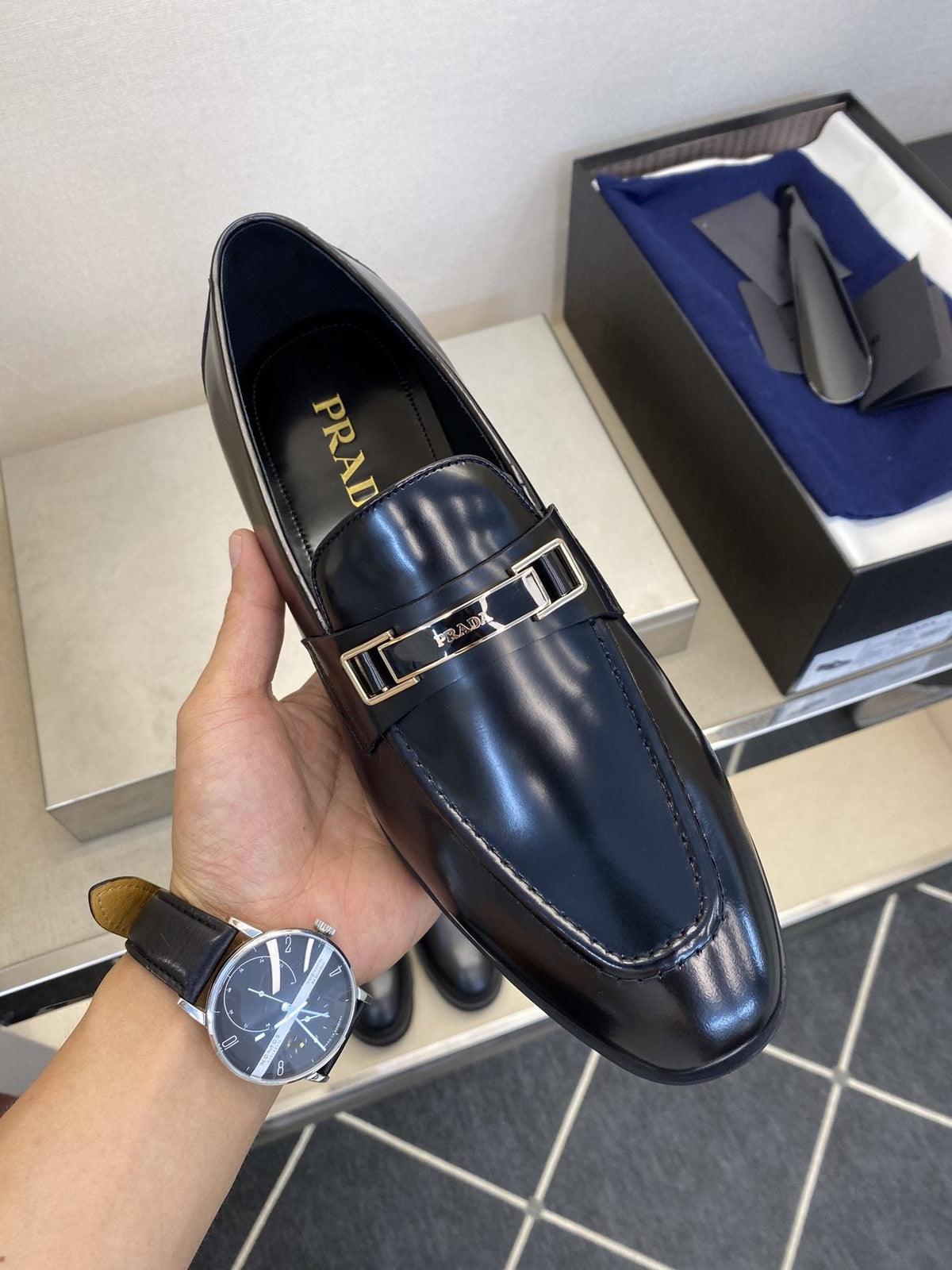 Prada Black Buckle Loafers — model