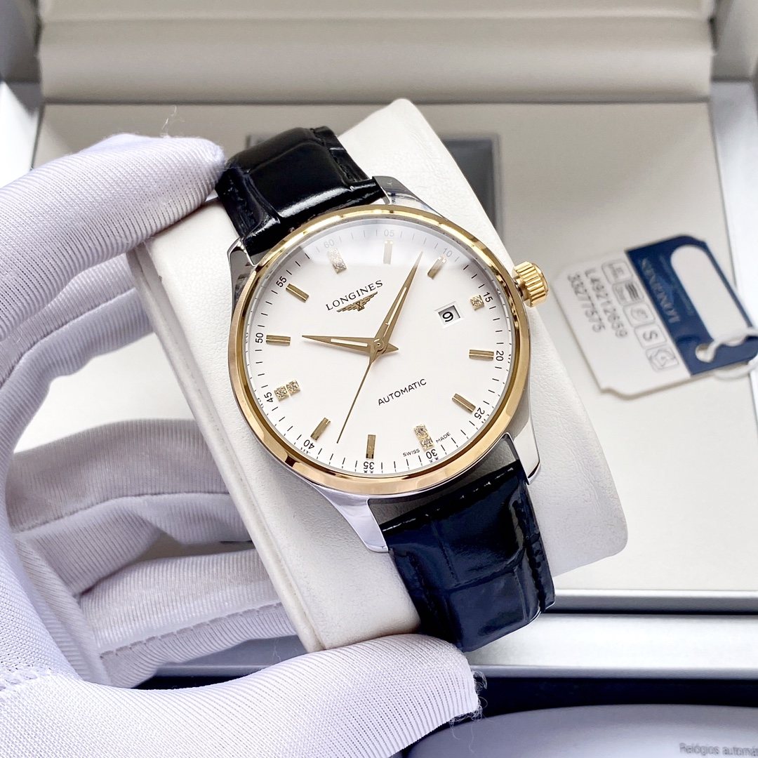 Longines Gold Black White Dial Leather Strap Watch — front