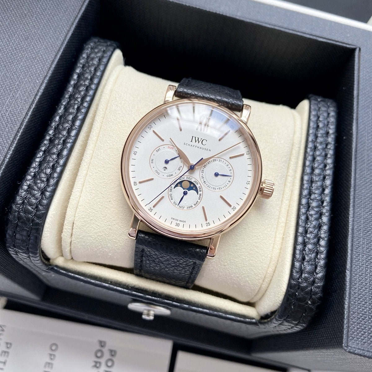 IWC Rose Gold Black White Dial Strap Watch — hero