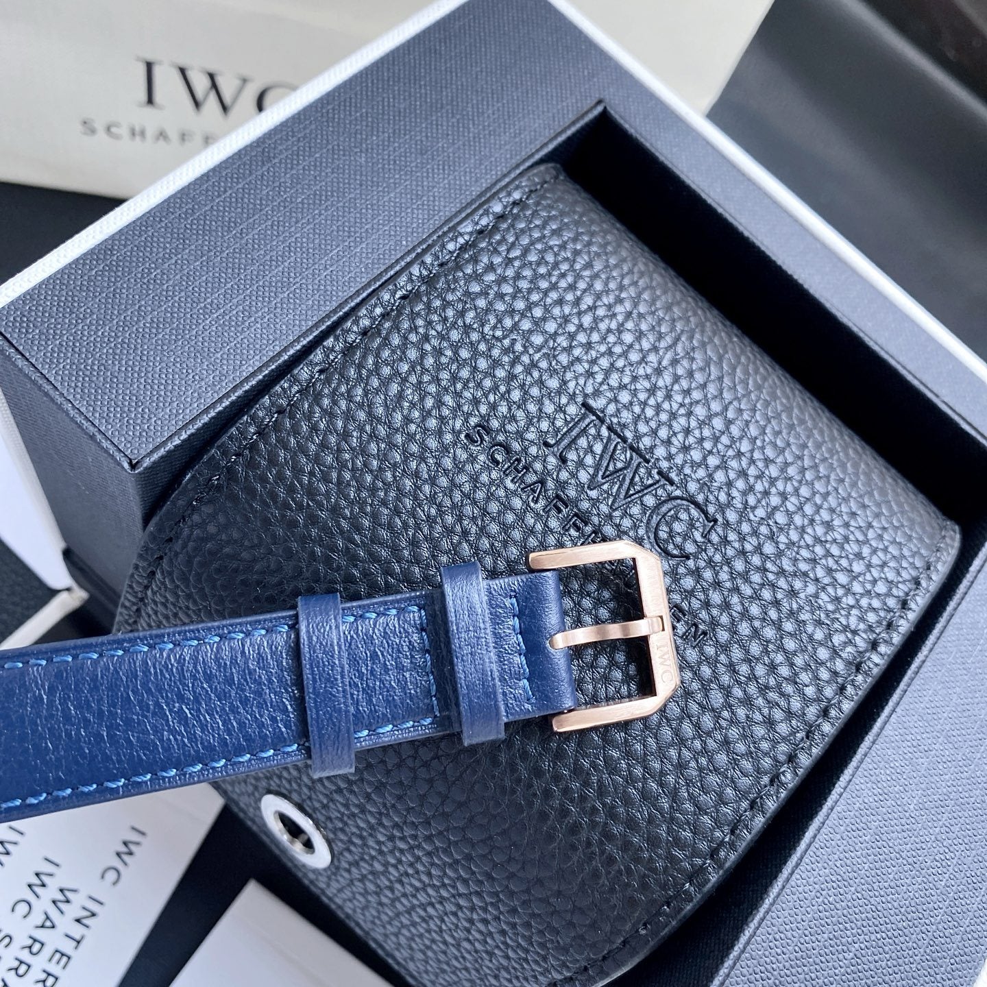 IWC Rose Gold Blue Dial Strap Watch — detail
