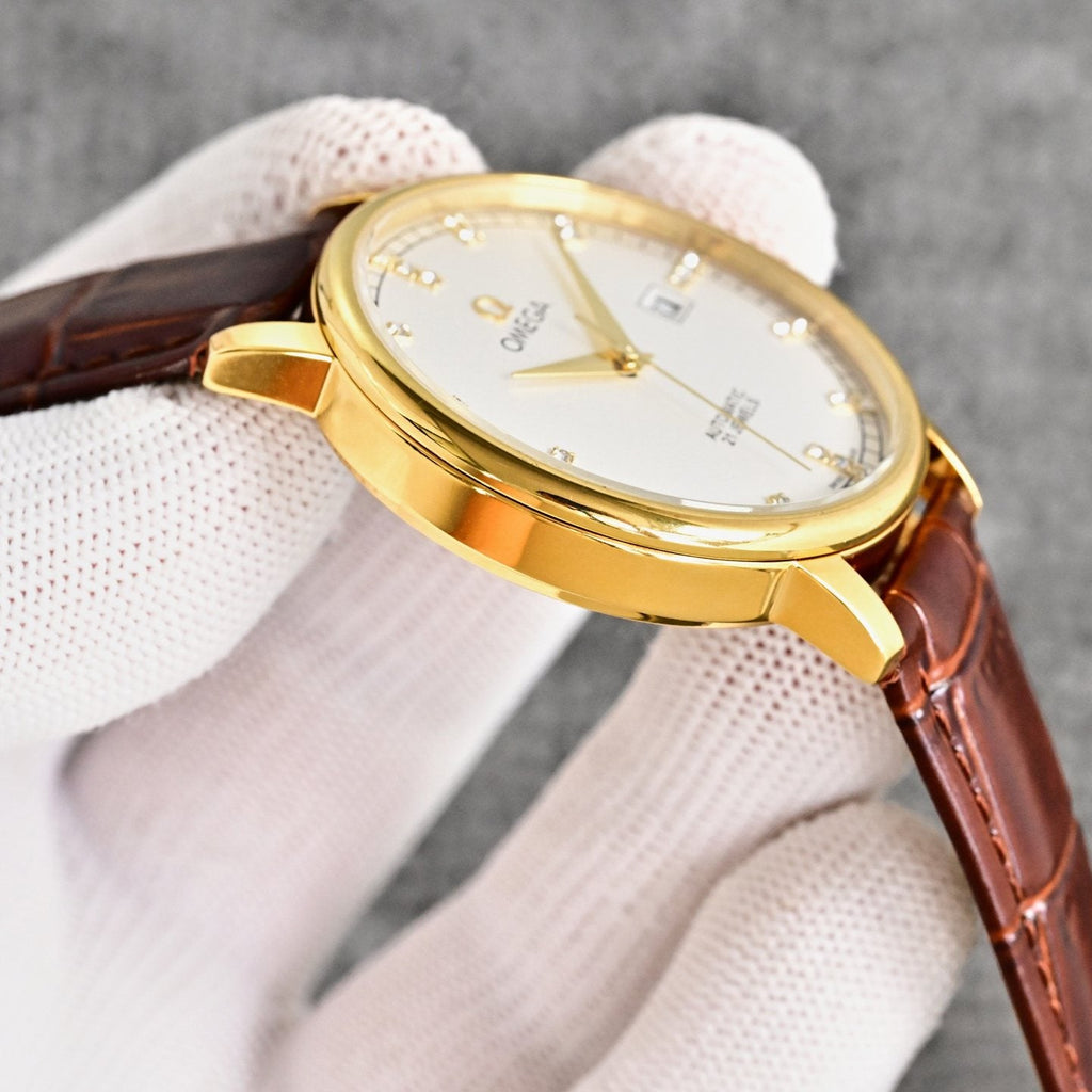 Omega Gold Brown White Dial Strap Watch — side