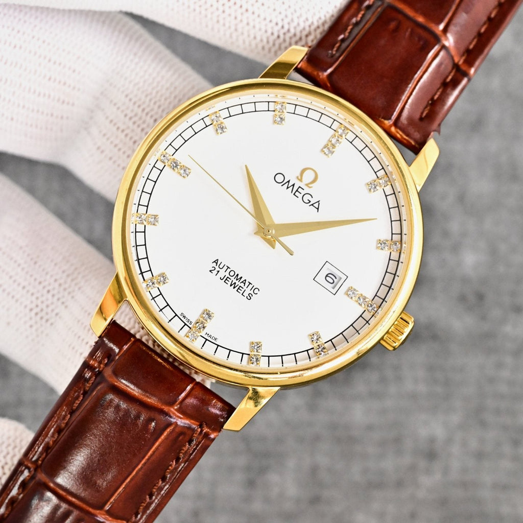 Omega Gold Brown White Dial Strap Watch — front