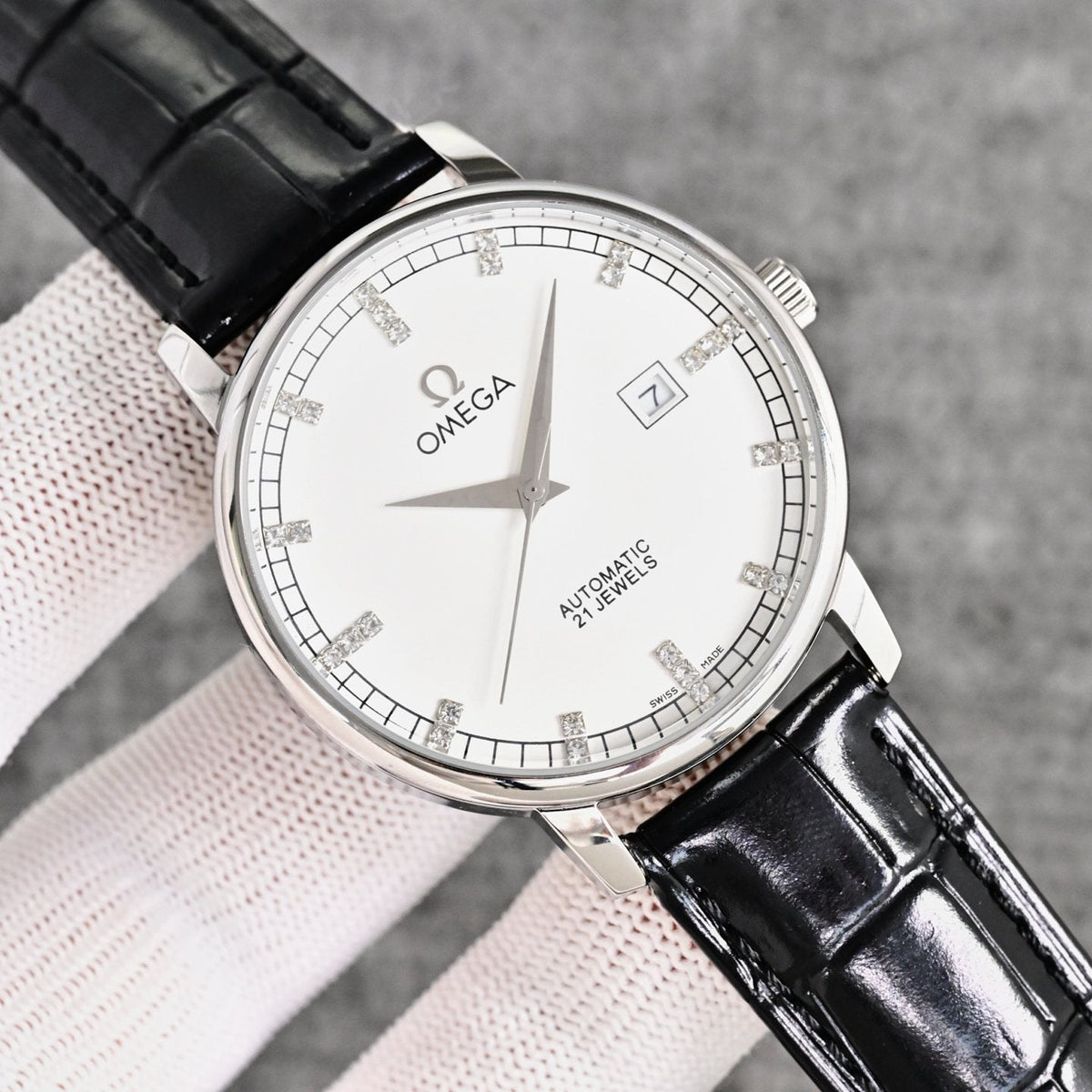 Omega Silver Black White Dial Strap Watch — hero