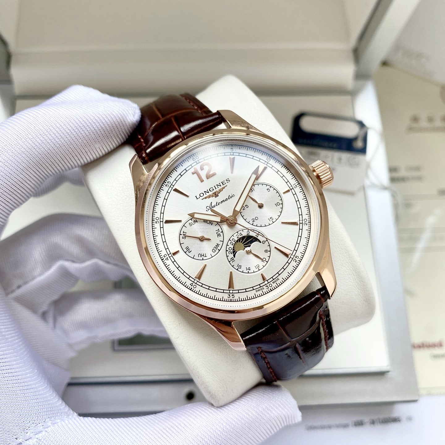 Longines Rose Gold Brown White Dial Leather Strap Watch — hero