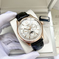 Longines Rose Gold Black White Dial Leather Strap Watch — hero