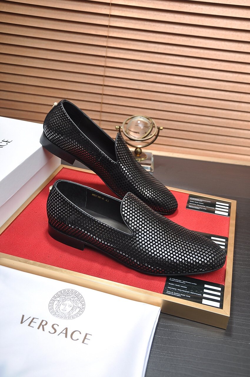 Versace Textured Black Slip-On Shoes — front