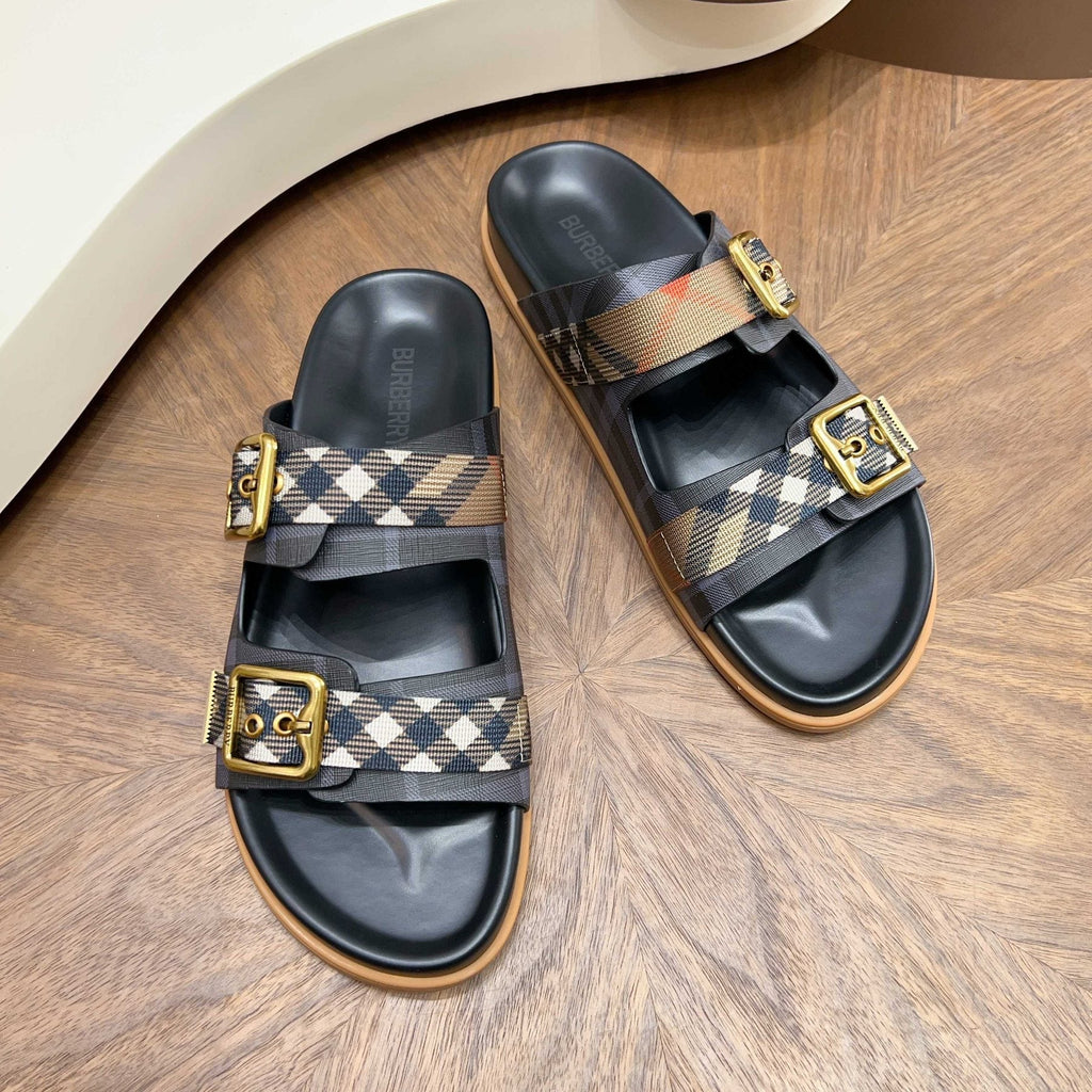 Burberry Black Plaid Two-Strap Slide Sandals — front