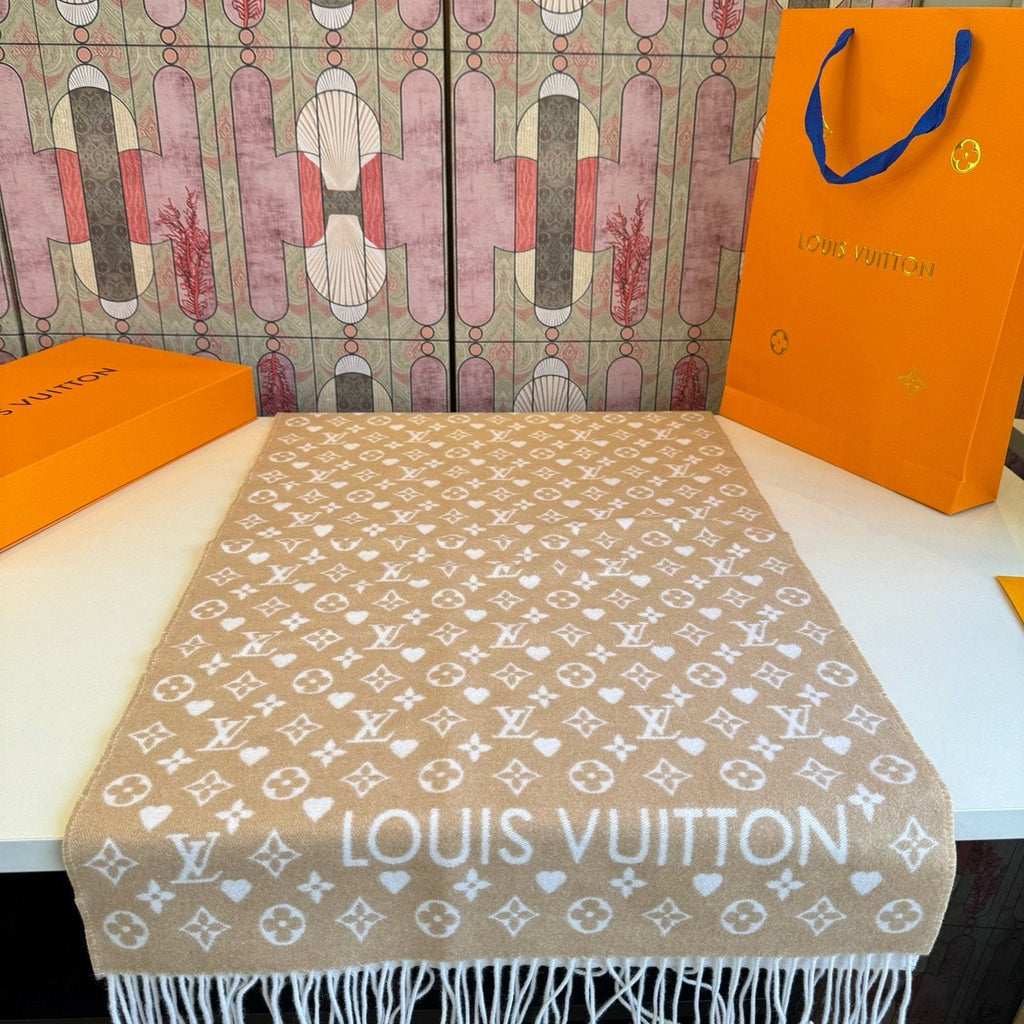 Louis Vuitton Beige & Ivory Monogram Fringed Scarf — hero