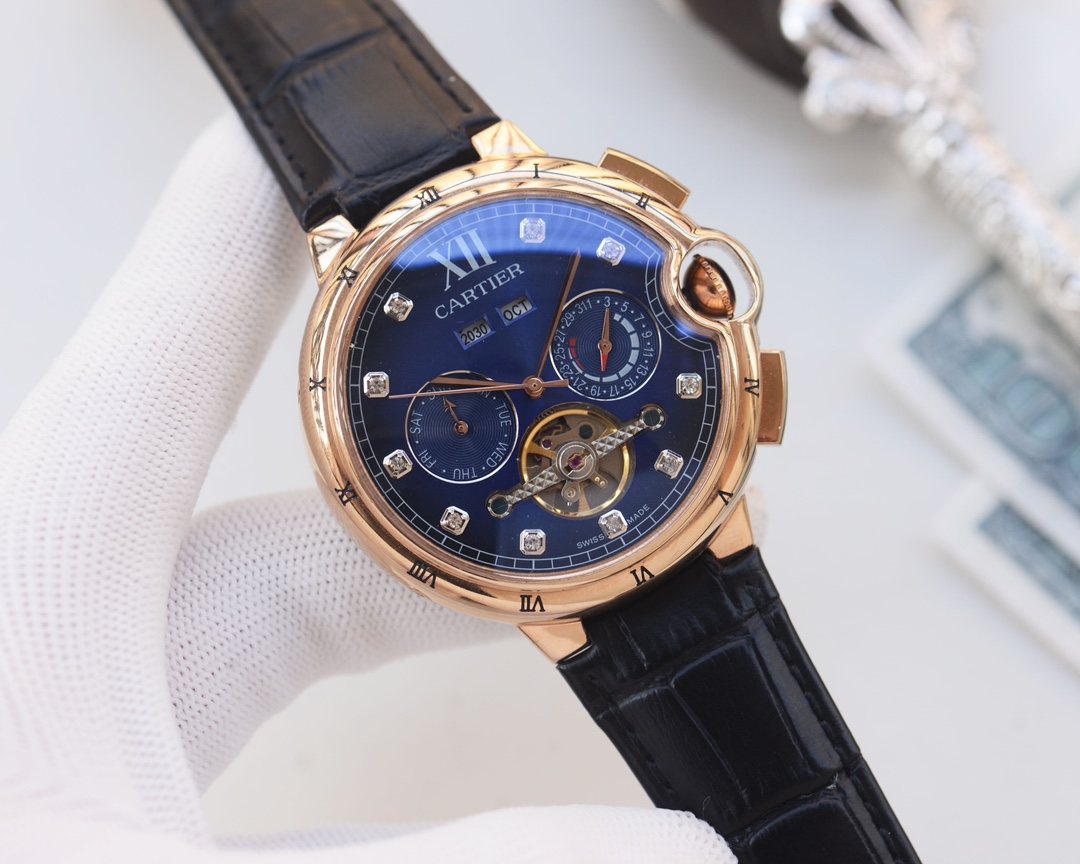 Cartier Rose Gold Black Blue Dial Strap Watch — hero
