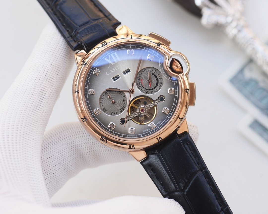 Cartier Rose Gold Black Silver Dial Strap Watch — hero