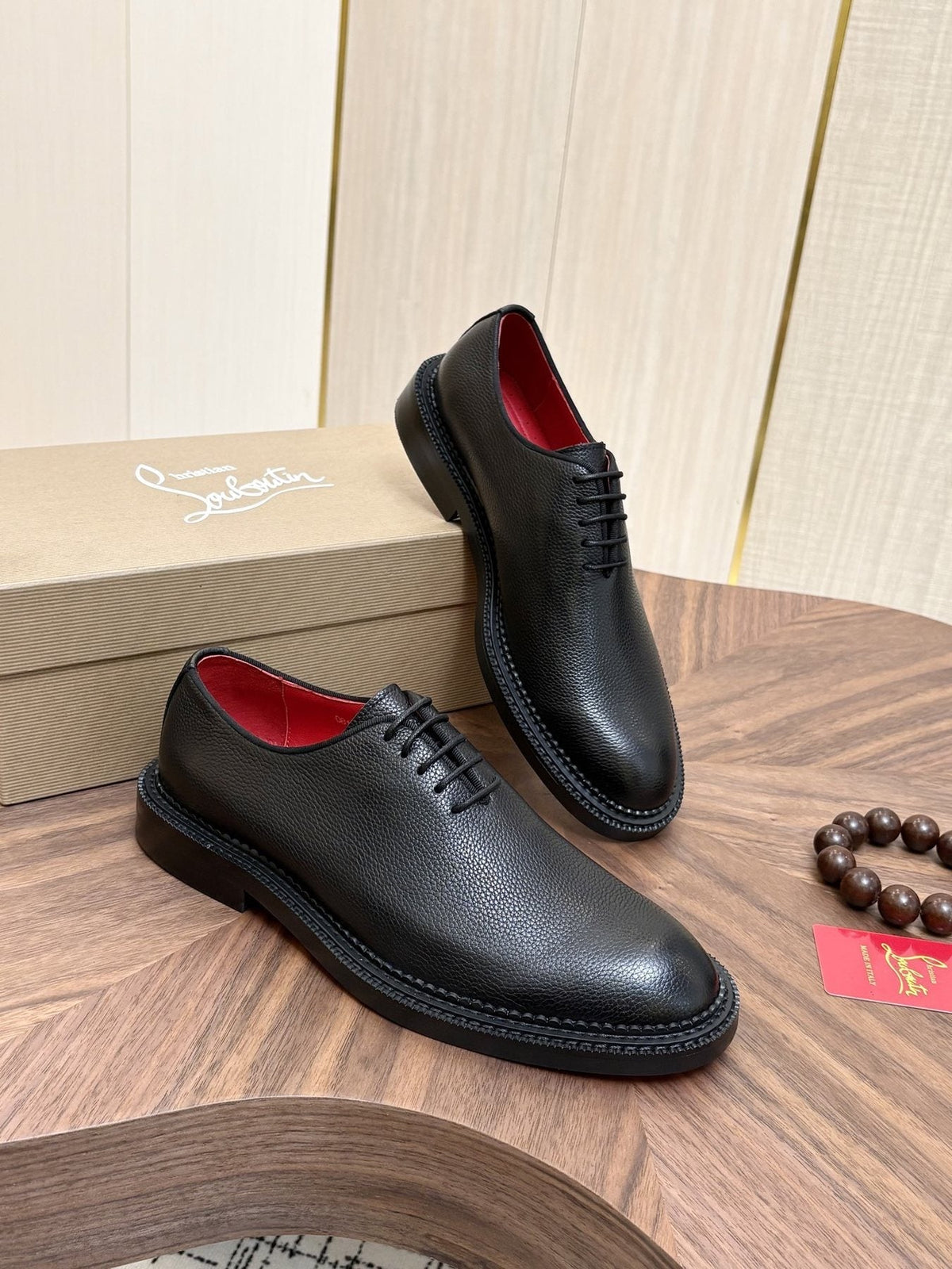 Black Lace-Up Dress Shoes with Red Lining — front
