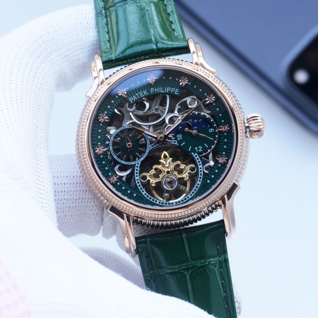 Patek Philippe Rose Gold Green Strap Watch — hero