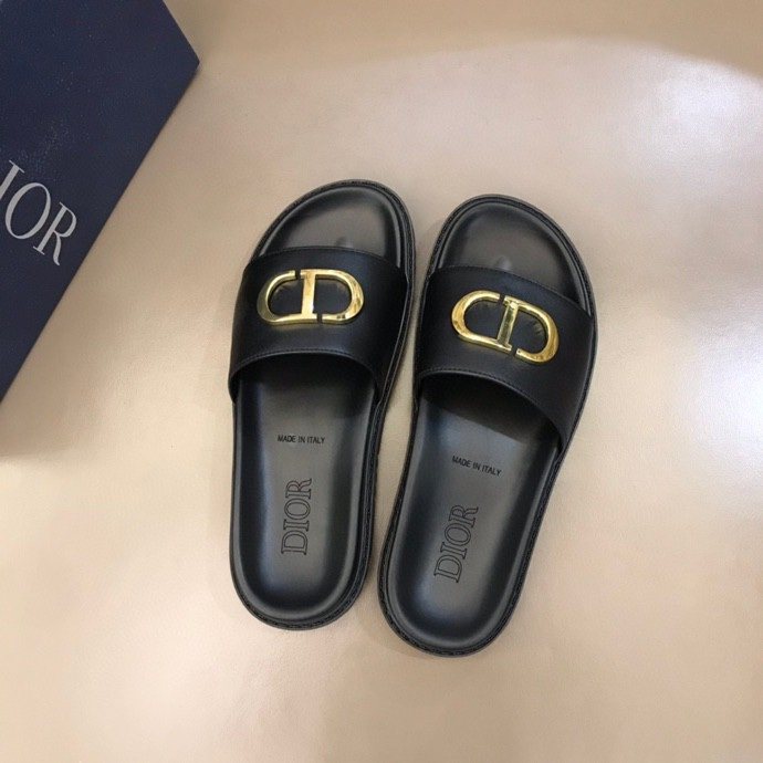 Dior Black Gold-Tone CD Slide Sandals — front