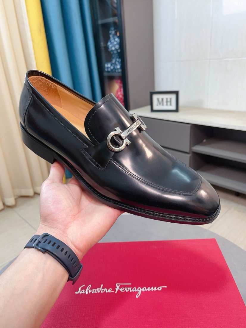 Ferragamo Black Hardware Loafers — front
