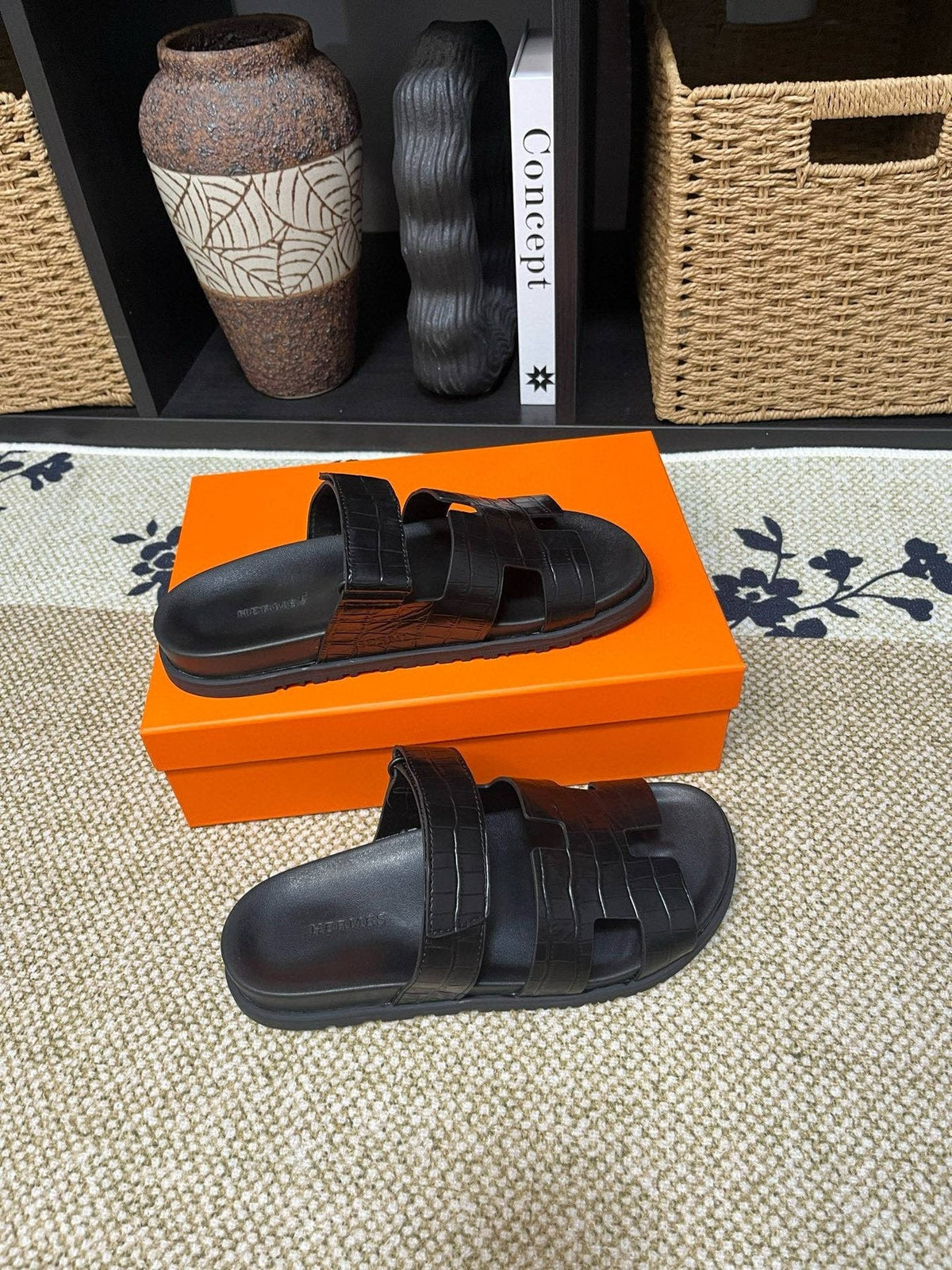 Hermes Kazimir Black Slide Sandals — side