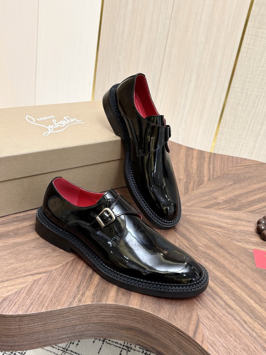 Black Glossy Buckle Dress Shoes — side