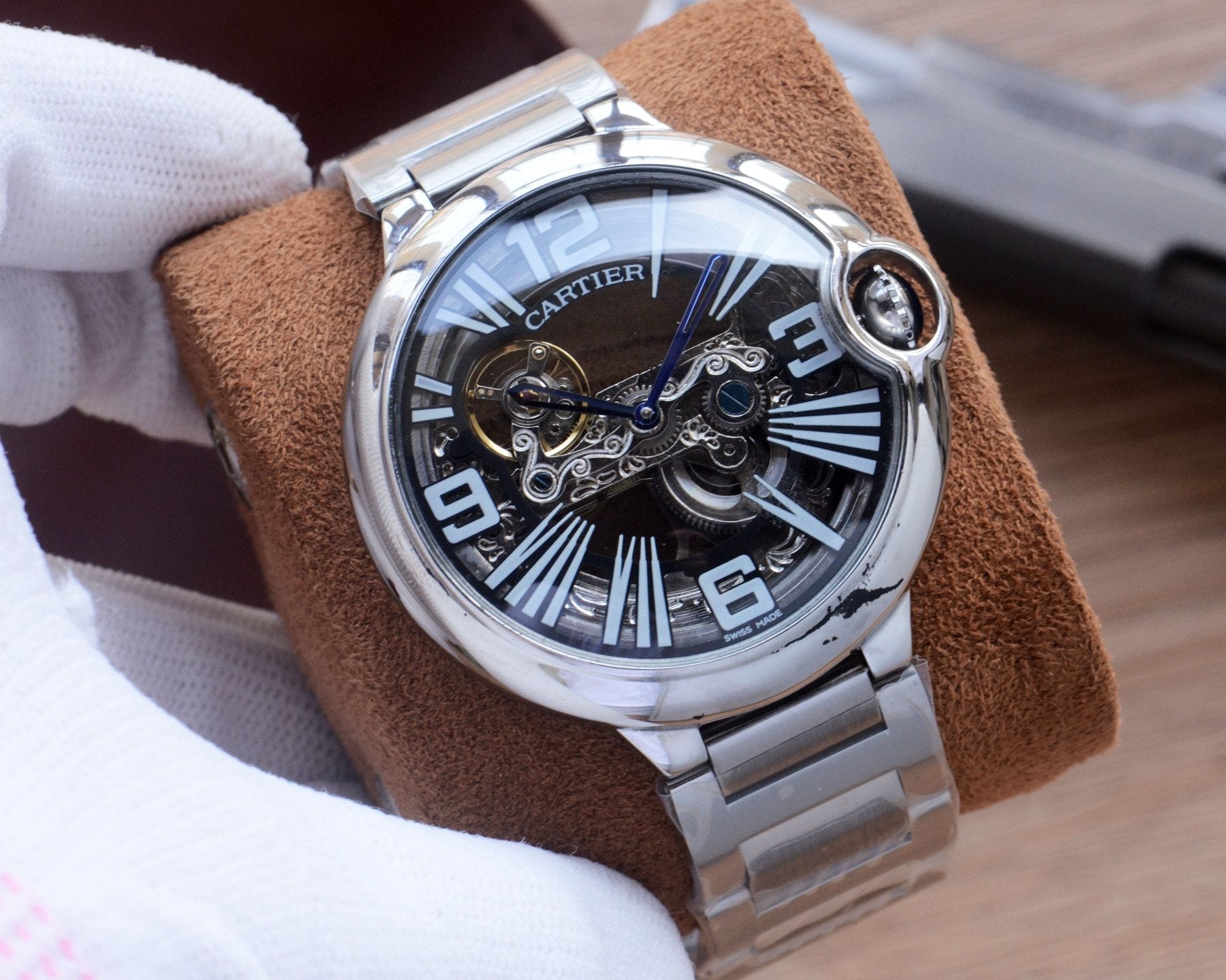 Cartier Black Silver Dial Leather Strap Watch — front