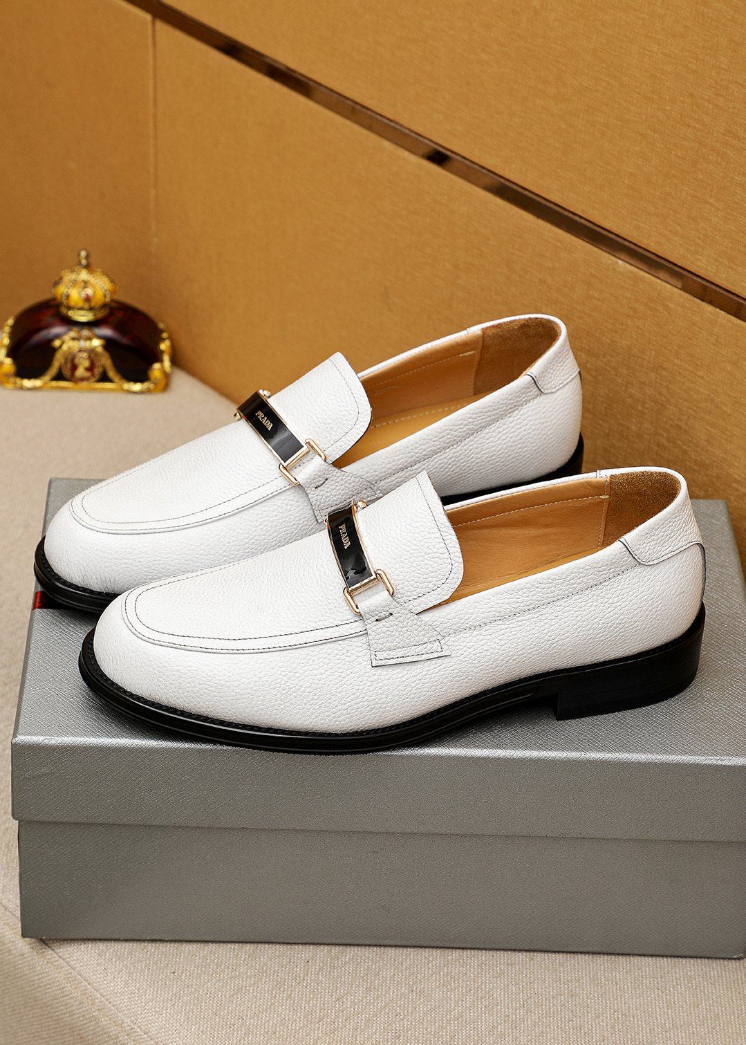 PRADA White Leather Loafers — front