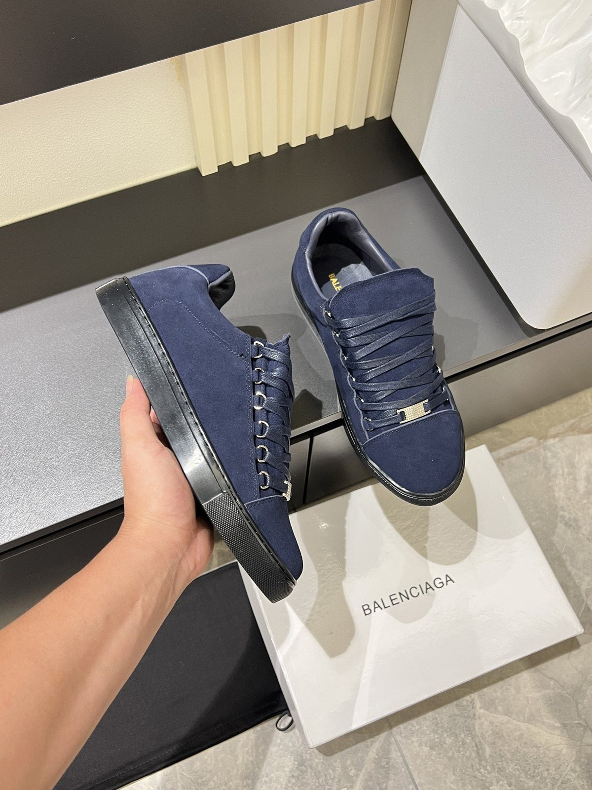 Balenciaga Navy Blue Textured Low-Top Sneakers — hero