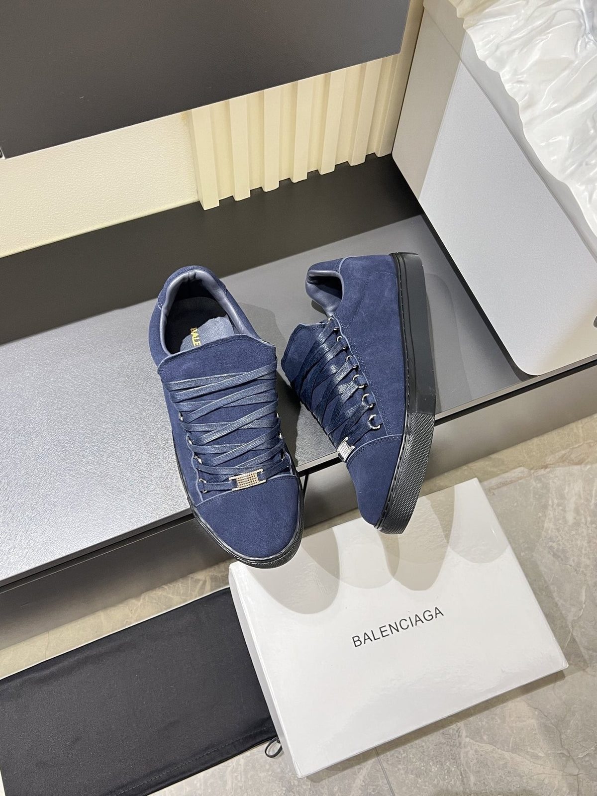 Balenciaga Navy Blue Textured Low-Top Sneakers — front