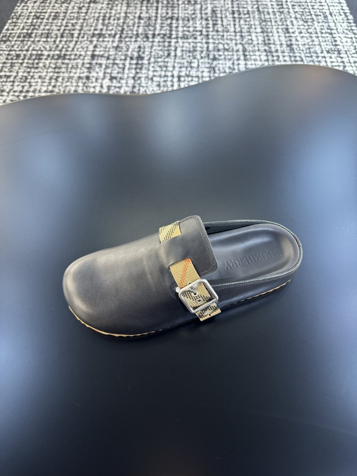 Burberry Black Plaid Buckle Mule Sandals — detail