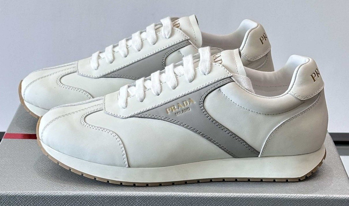 Prada White and Light Gray Sneakers — front