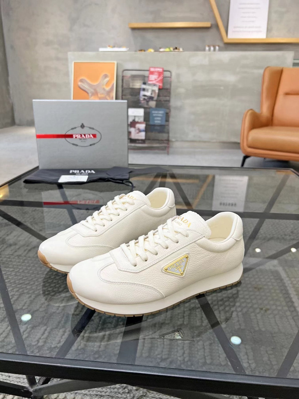 Prada White Beige Low-Top Sneakers — front