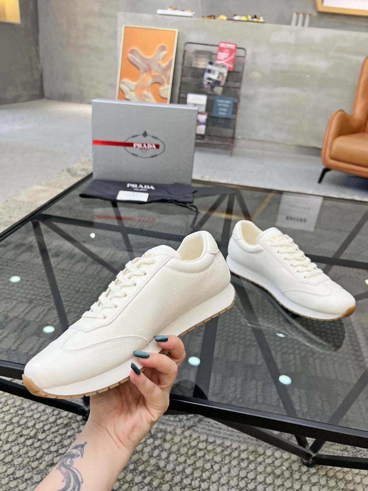 Prada White Beige Low-Top Sneakers — side