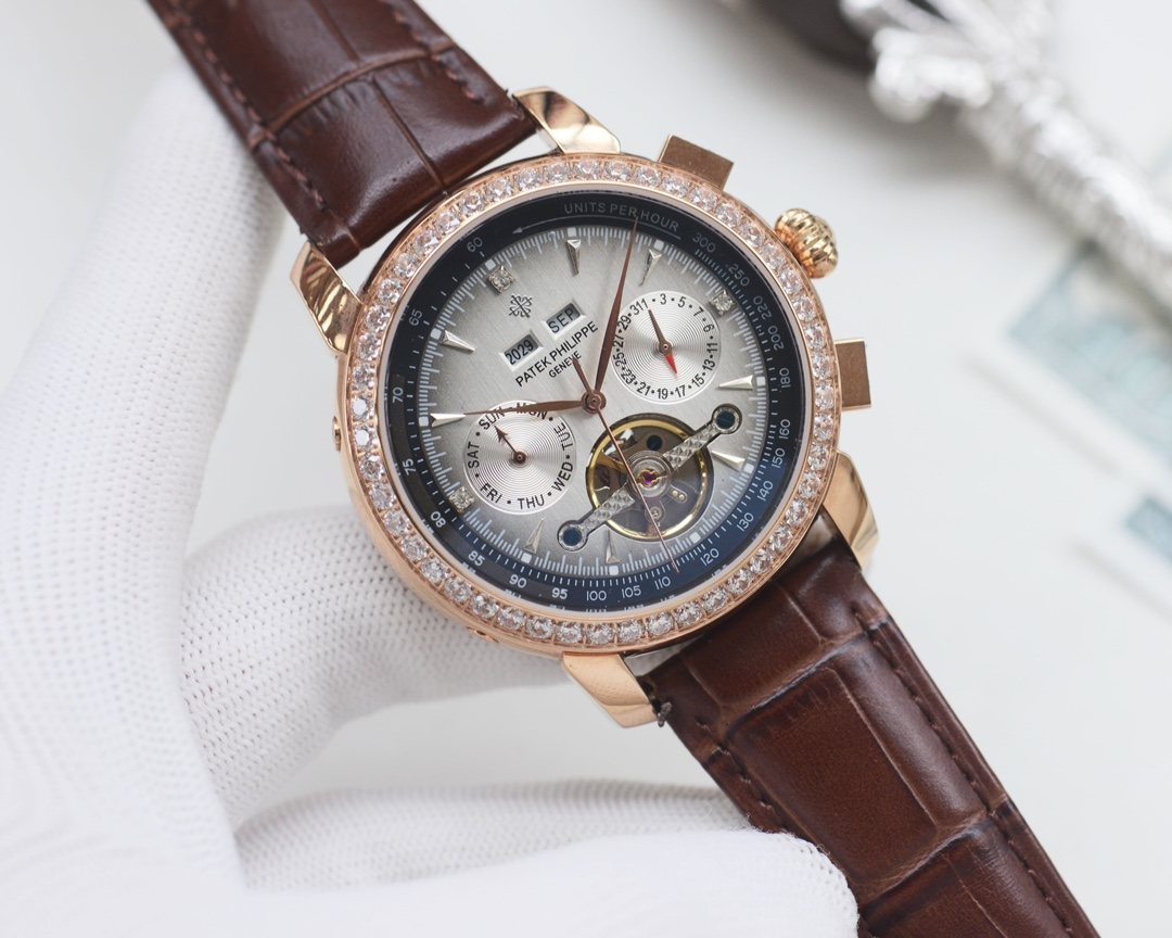 Patek Philippe Rose Gold Silver Blue Dial Strap Watch — hero