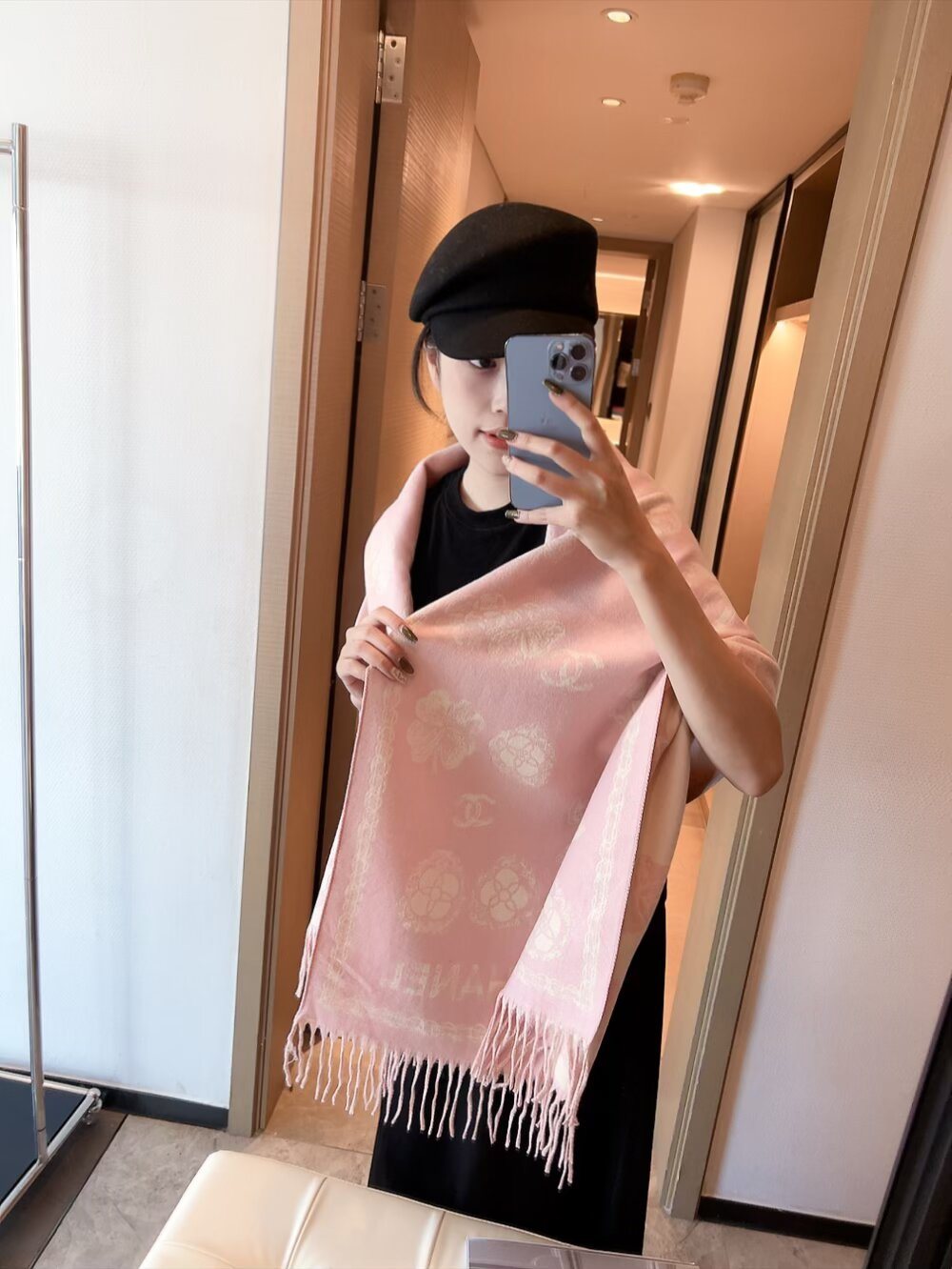 Chanel Logo-Pattern Fringed Scarf — front