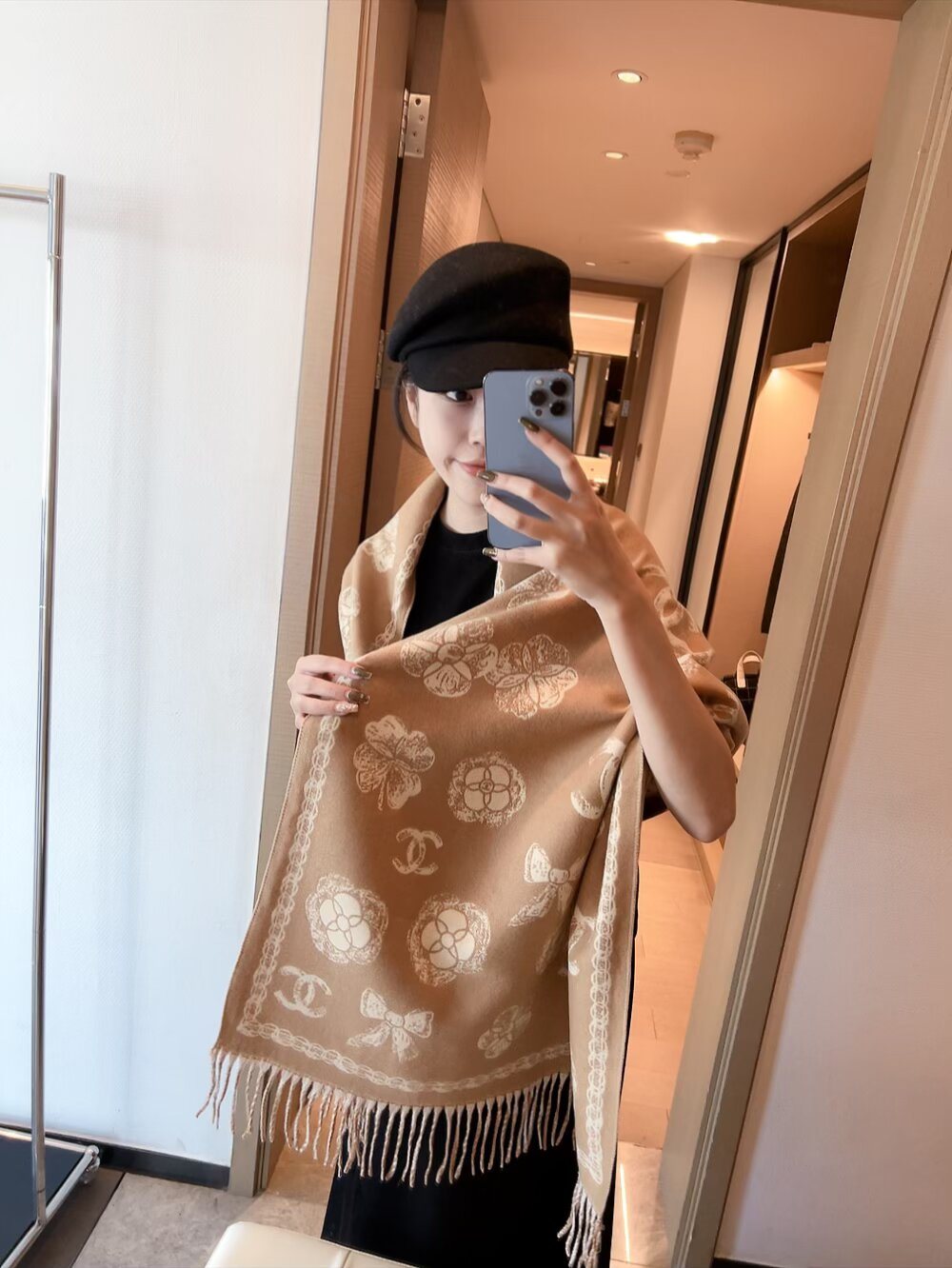 Chanel Logo-Pattern Fringed Scarf — front