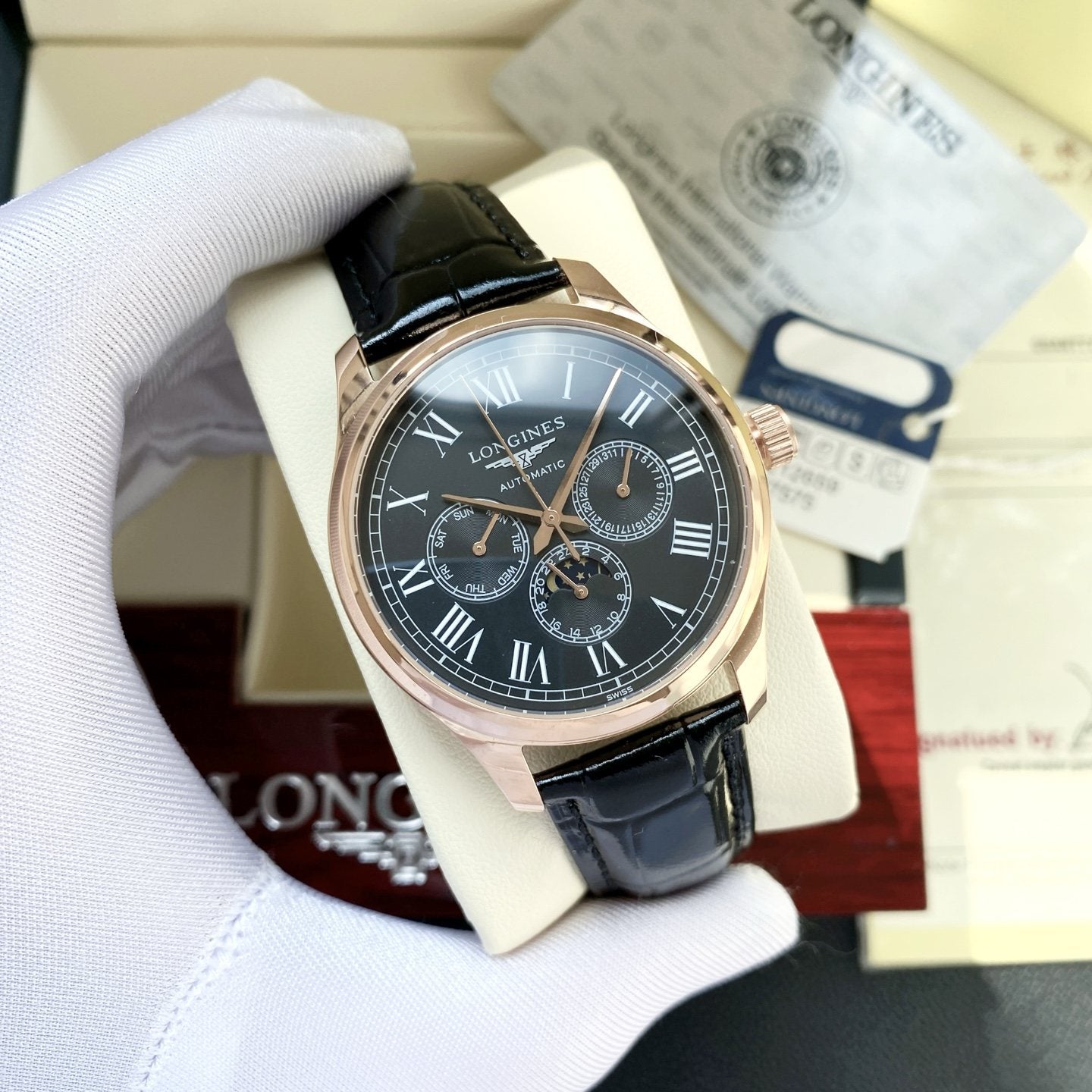 Longines Rose Gold Black Dial Strap Watch — hero