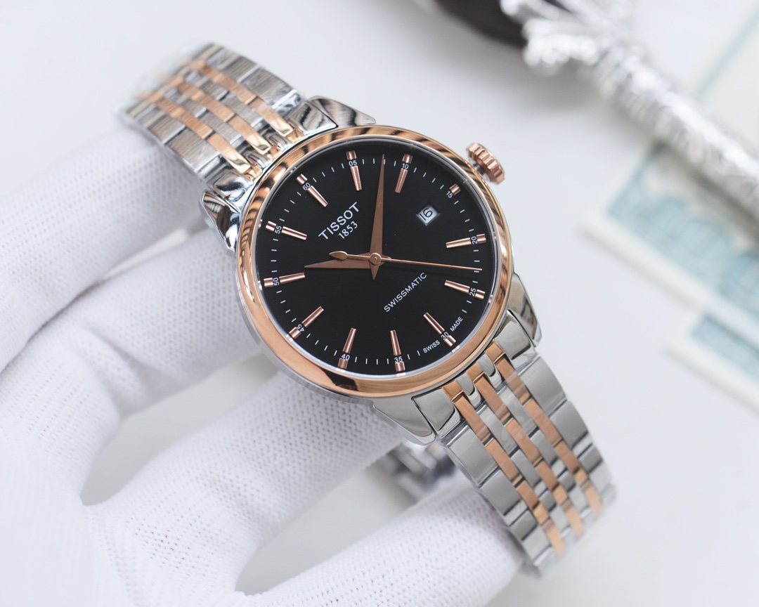 Tissot Silver Rose Gold Black Dial Bracelet Watch — front