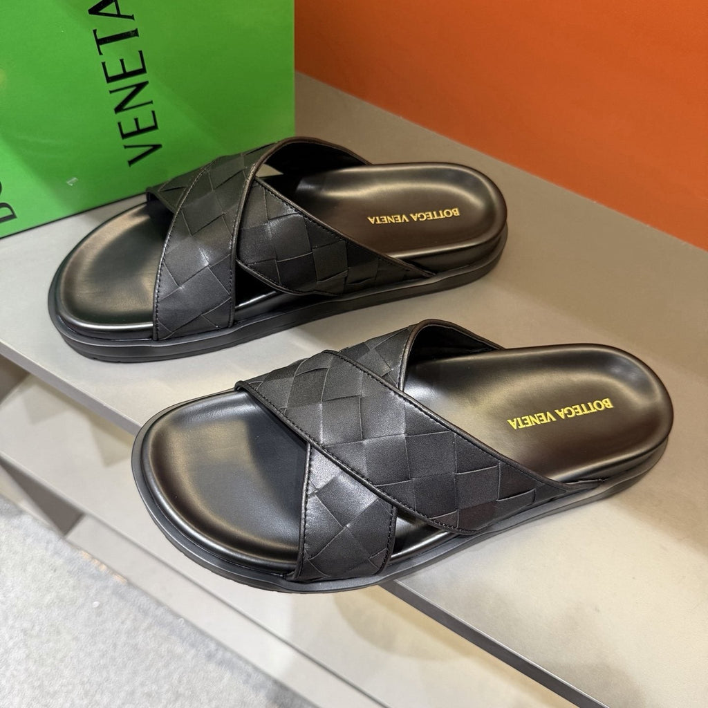 Bottega Veneta Black Woven Slide Sandals — front