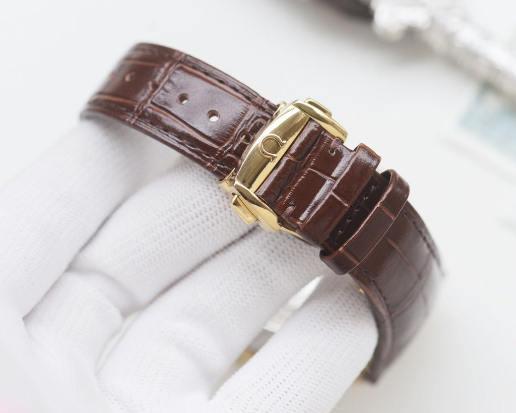 OMEGA Gold Brown Green Dial Strap Watch — detail