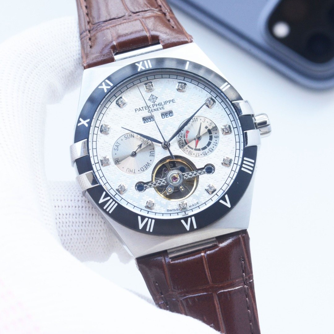 Patek Philippe Brown Silver White Dial Leather Strap Watch — hero