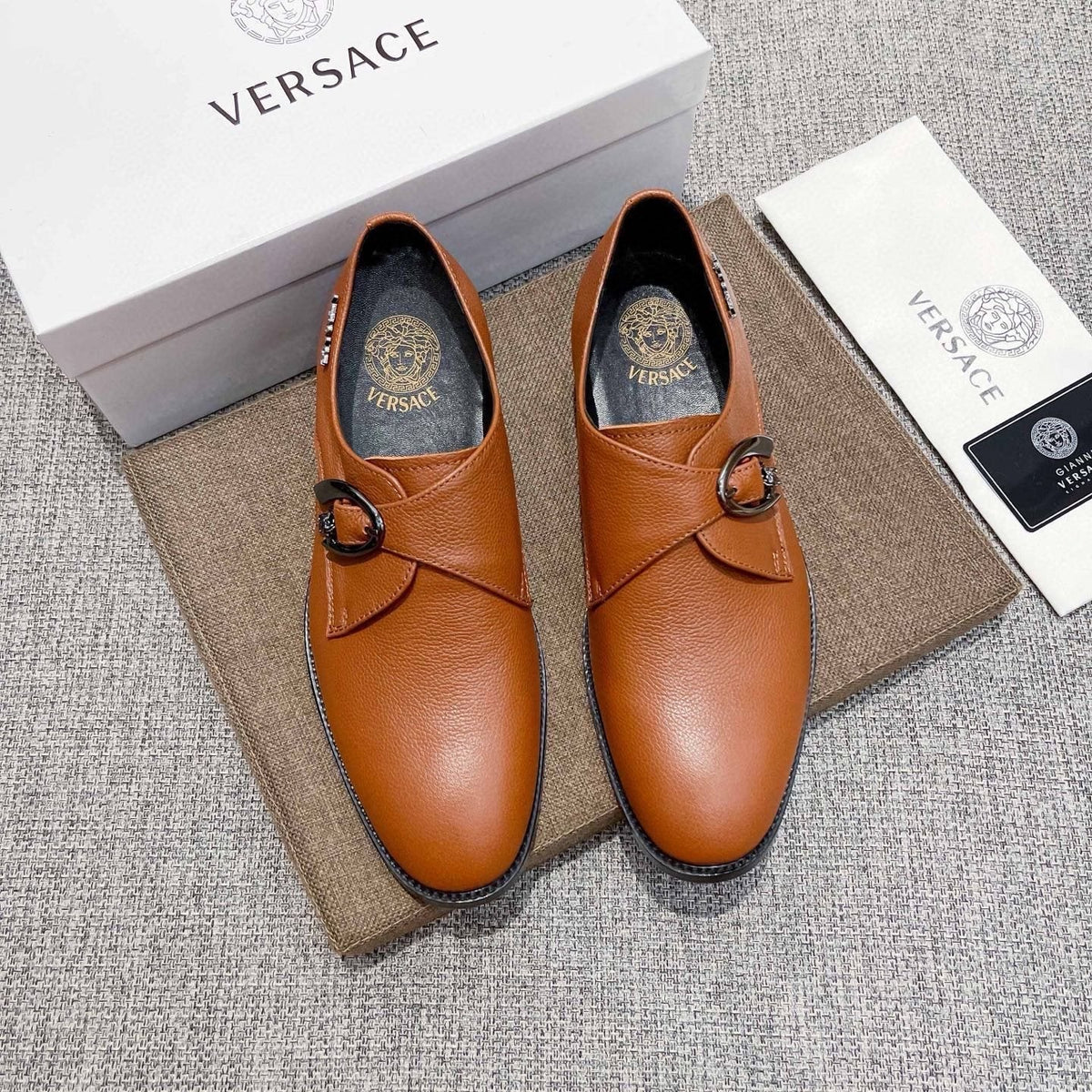 Versace Tan Brown Metal Detail Slip-On Shoes — hero