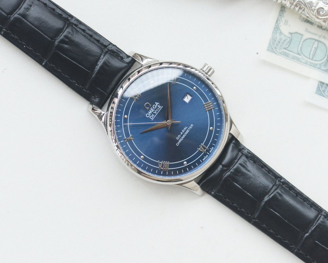 OMEGA Black Silver Blue Dial Leather Strap Watch — front