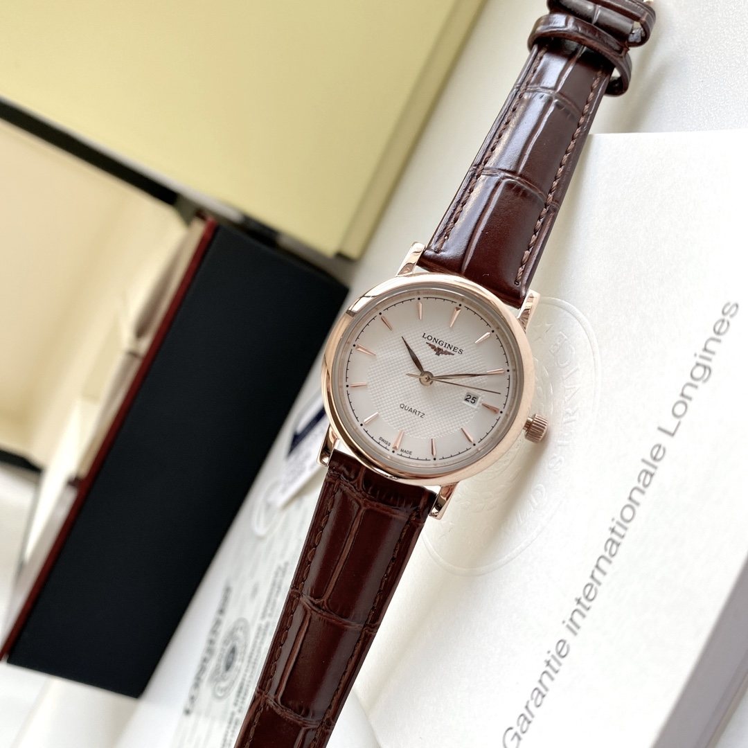 Longines Rose Gold Brown White Dial Strap Couple Watch Set — front