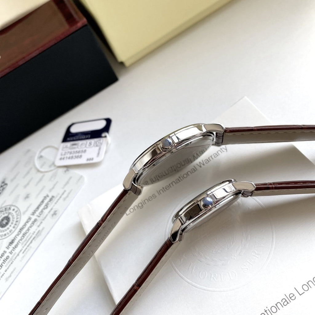 Longines Silver Brown White Dial Strap Couple Watch Set — detail